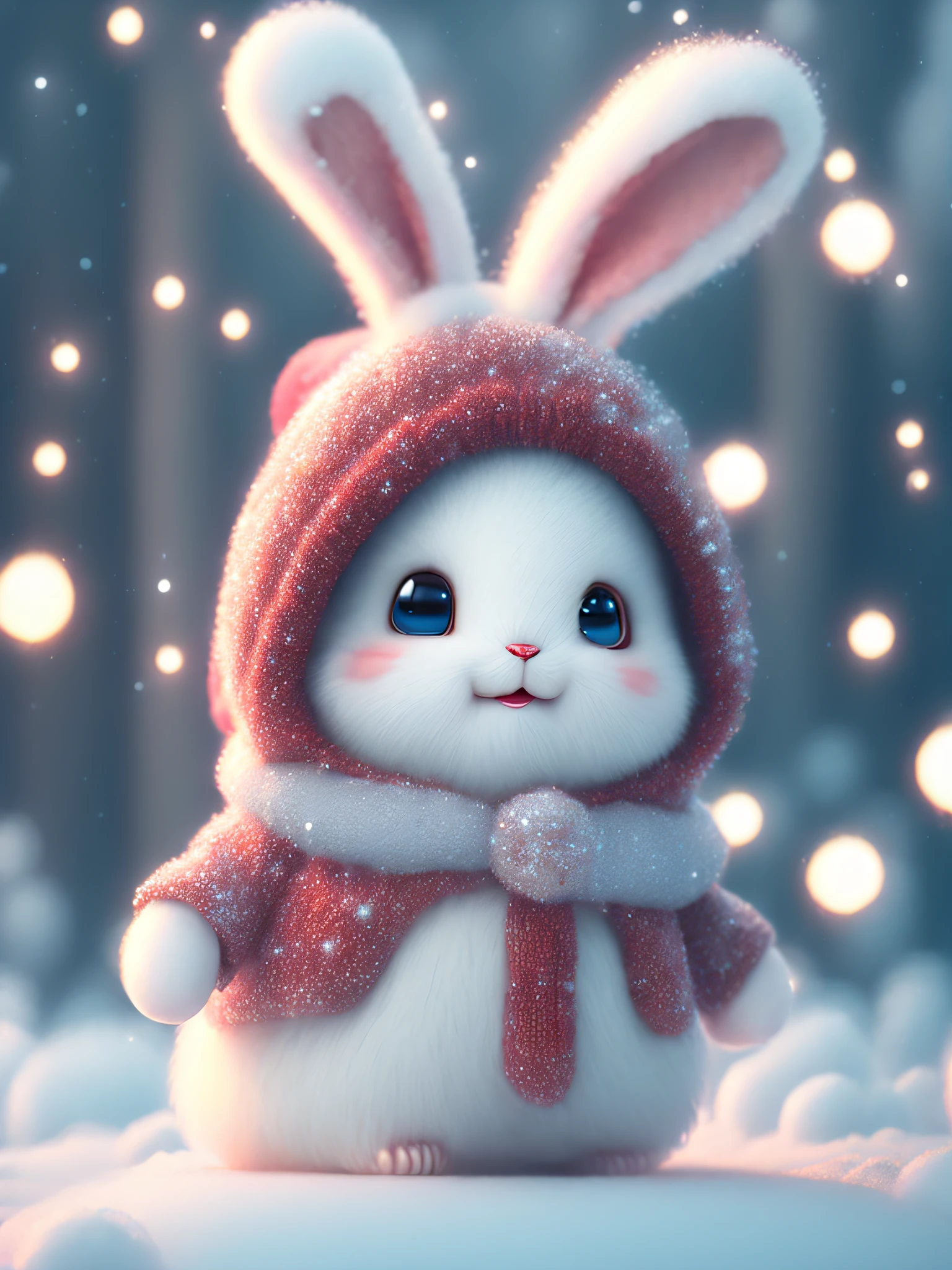 A winter full of regrets, drifting snow, super cute Pixar style little white rabbit, sparkling snow white fluffy, bright big eyes, furry tail, wearing a red sweater, wearing a red hat, smiling, sophisticated, fairytale, incredibly high detail, Pixar style, bubbles, bright colors, natural light, simple background in solid colors, cinema lens, 5 and octane rendering, artstation trend, gorgeous, ultra wide angle, 8k, HD realistic, 8k HD, mobile phone pictures, v 4 q 2 2