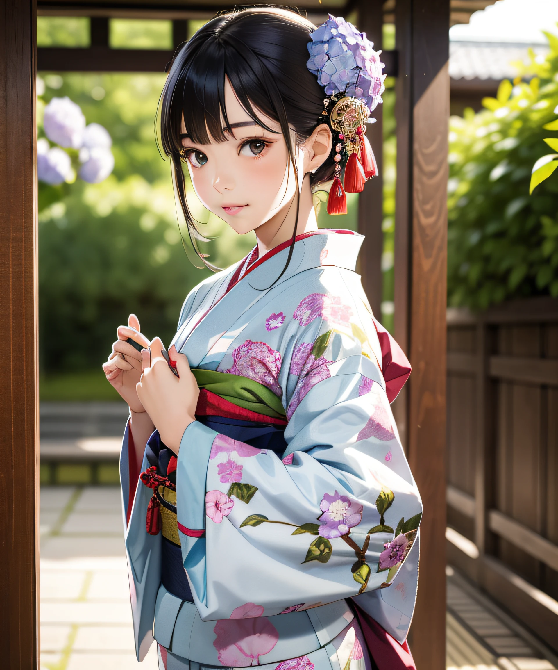 Masterpiece, realistic, Japan kimono woman with unaju, 18 years old, hydrangea patterned kimono, hydrangea shaped hair ornament, photorealistic, one black  around the eyes