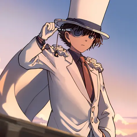 masterpiece, best quality, 1boy, solo, white suit, white cape, top hat, monocle, red necktie, blue shirt, white gloves, in the m...