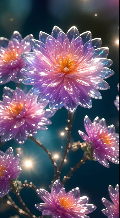 crystal spring flower, fantasy, galaxy, transparent, sparkle, sparkle, brilliant, colorful, magical photography, dramatic lighti...