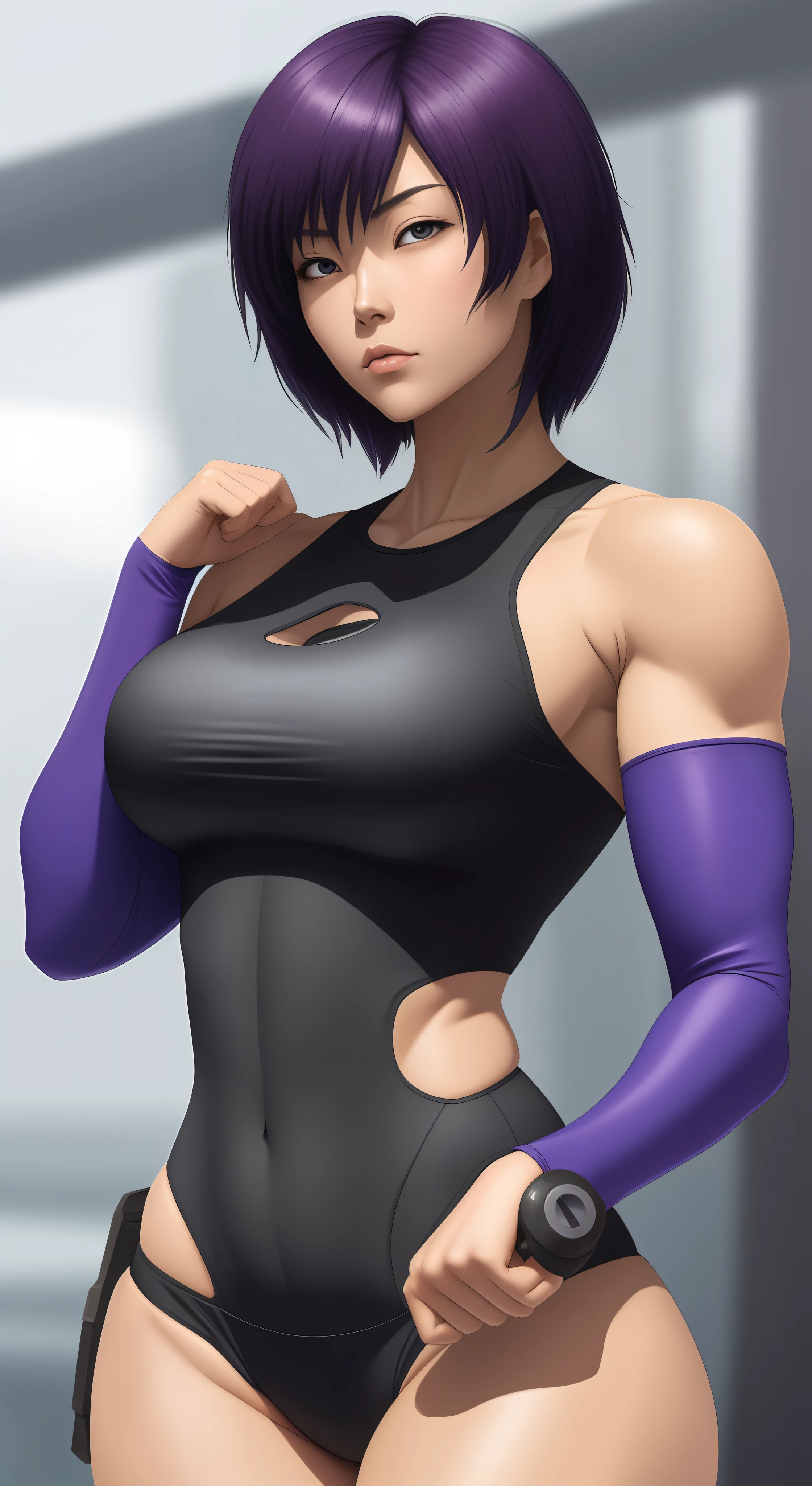 A woman in a black bodysuit and purple gloves posing - SeaArt AI