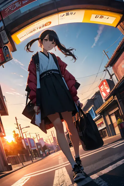 ((Masterpiece, Best Quality, Ultra Detail, Ultra High Resolution, Detailed Background)), (Ultra Wide Angle Lens), Japanese Street, Sunset, On the Street, Look Down, 1 Girl, Sideways, Look at the Lens