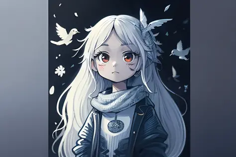 anime girl with long white hair and a scarf and a bird, girl with white hair, anime style illustration, silver hair girl, digita...