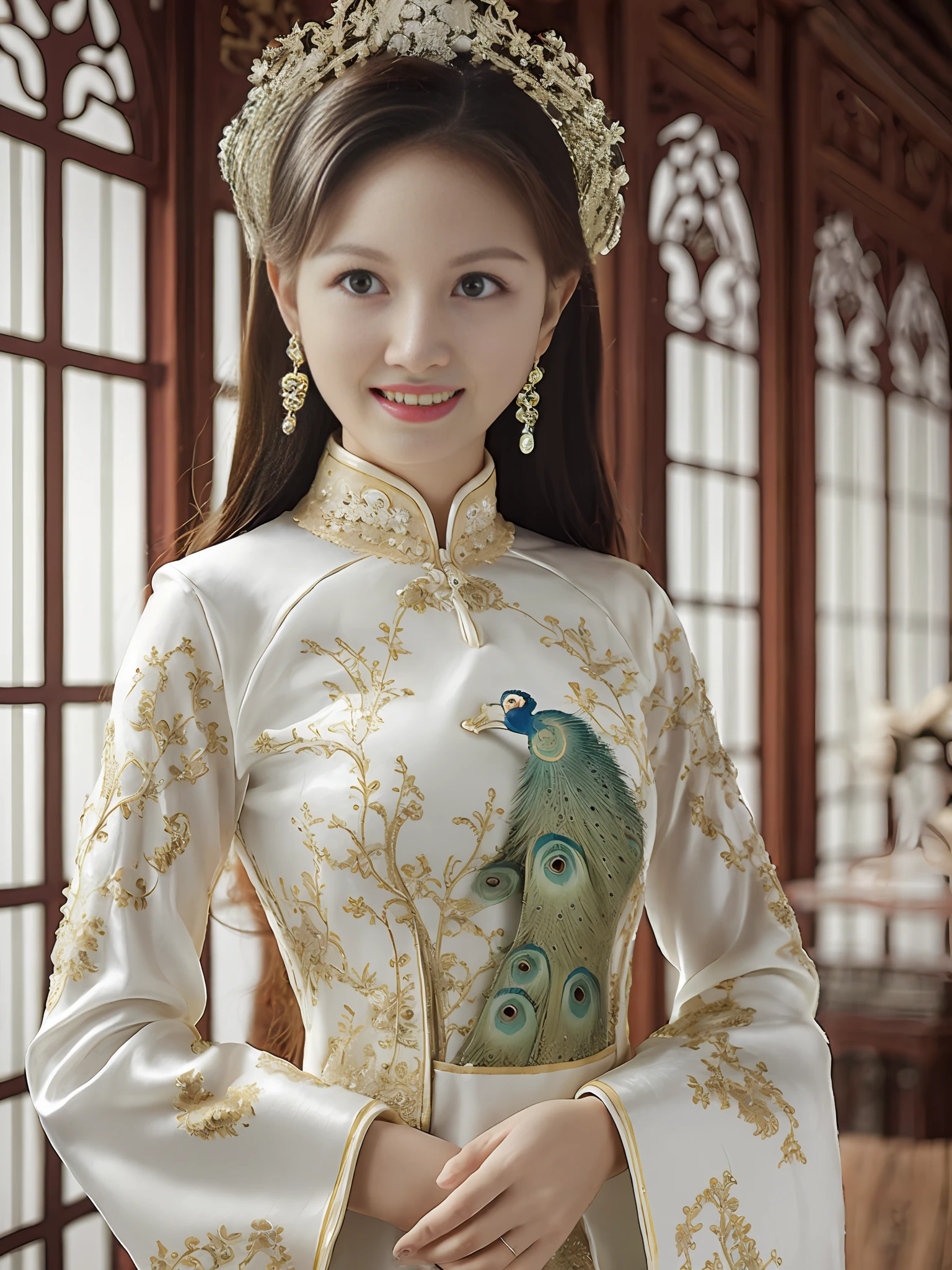 the girl in the Ao Dai is sewn from thin silk or cotton fabric, has a long and body-hugging white style that is very detailed, the peacock pattern in front of the shirt is very detailed, the girl stands in a very splendid space with many details