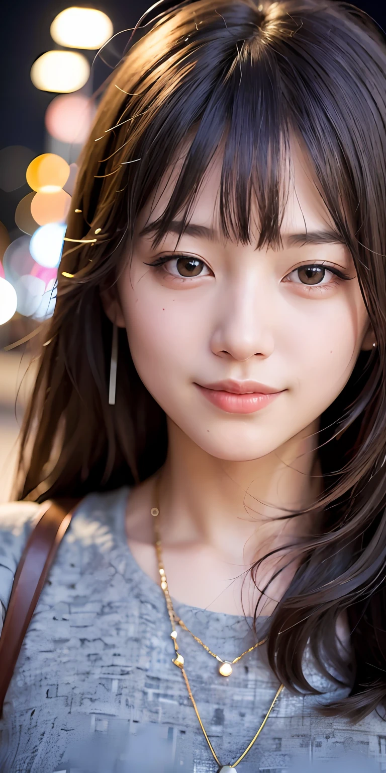 1girl, Tokyo street,night, cityscape,city lights,upper body,close-up,smile,, (8k, RAW photo, best quality, masterpiece:1.2),(realistic, photo-realistic:1.37),