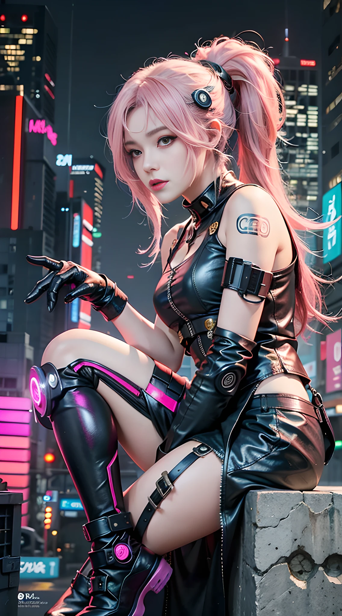 a woman with pink hair sitting on top of a wall, anime cyberpunk art, cyberpunk anime art, female cyberpunk anime girl, cyberpunk anime girl, dreamy cyberpunk girl, cyberpunk girl, anime cyberpunk, cyberpunk beautiful girl, digital cyberpunk anime art, a teen cyberpunk cyborg, neonpunk, young lady cyborg, high quality cyberpunk art, modern cyberpunk animeန