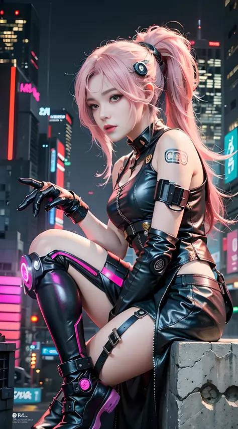 a woman with pink hair sitting on top of a wall, anime cyberpunk art, cyberpunk anime art, female cyberpunk anime girl, cyberpun...