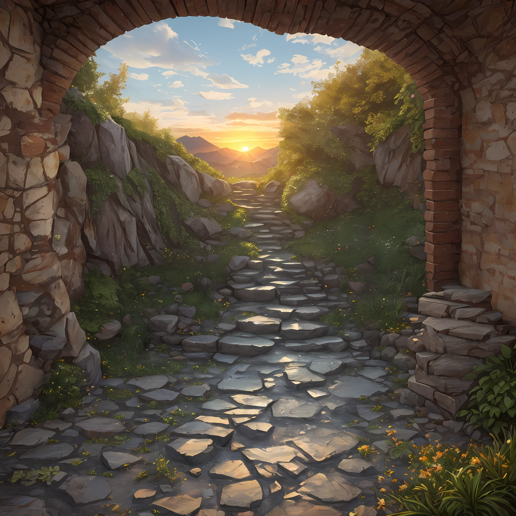 Painting of a stone path leading to a sunset - SeaArt AI