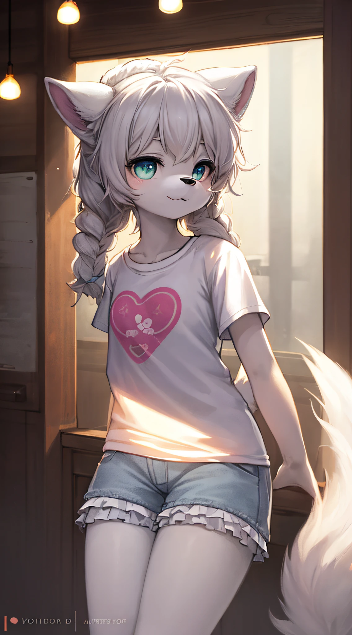 (Lolita), (hands behind his back), furry, white fur, super cute face, detail elements on fur, glowing t-shirt, beautiful lights and shadows, ambient light, super fine fur, volumetric light