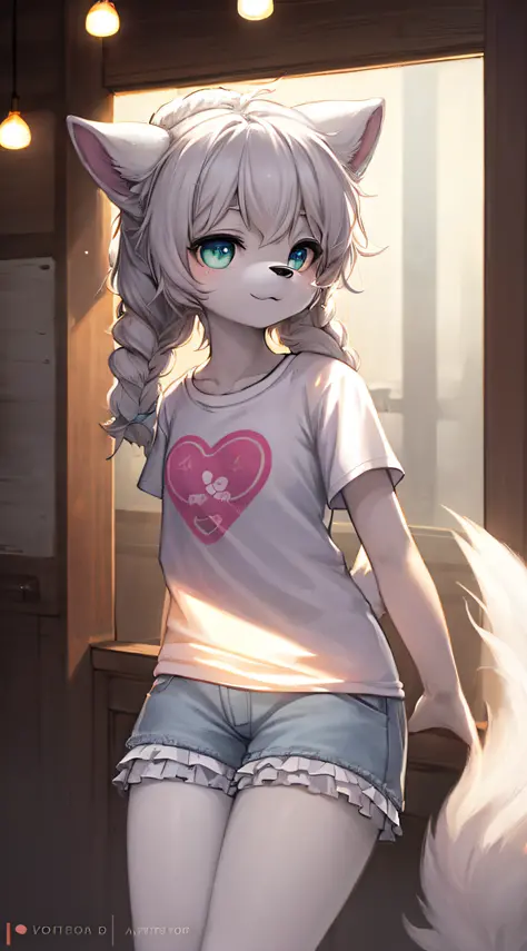 (Lolita), (hands behind his back), furry, white fur, super cute face, detail elements on fur, glowing t-shirt, beautiful lights ...