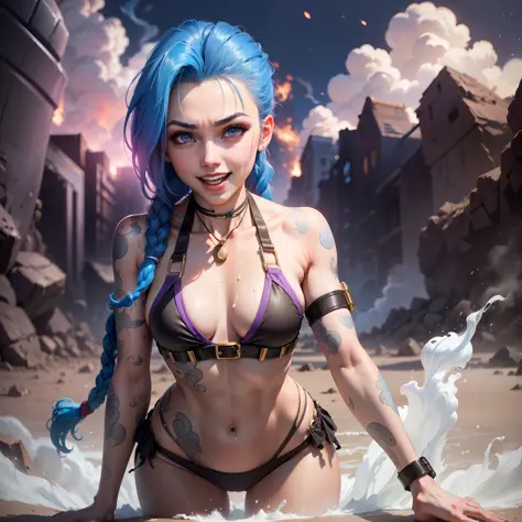 Jinx, lol, happy, in black bikini, looking at the viewer, moist body, big explosion in the background, sensuality in the body, small chest, tight bikini, purple iris, provocative, camera from bottom to top