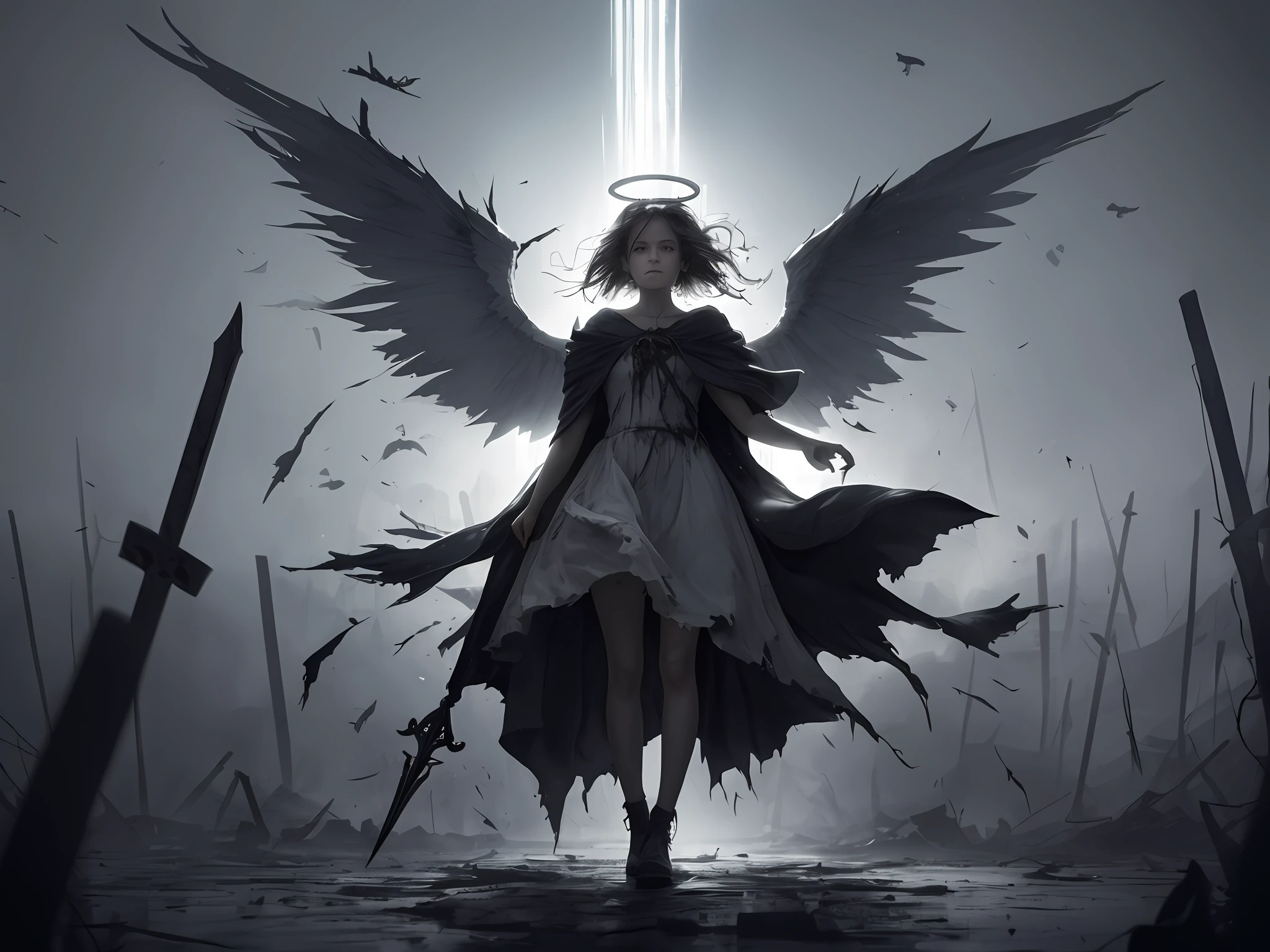 A full-body photograph of a girl wearing a silver-white cloak, enveloped in darkness and exuding a sense of oppression and gloom. The girl's appearance is disheveled, with dirty and tangled hair cascading around her face. Her once-bright halo is now shattered and dimmed, symbolizing her fallen state. Her torn wings and a broken sword, stained with blood, further emphasize her torment and despair. Surrounding her is a blurred and ghostly effect, evoking a chilling and eerie atmosphere. The scene is characterized by silence and desolation. Photography, employing dramatic lighting and a wide-angle lens to capture the girl's entire figure and the somber mood of the composition.