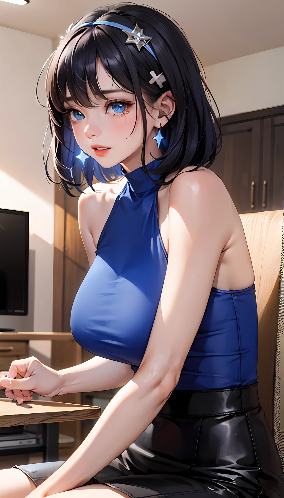 (Masterpiece,: 1.2, Best Quality), (1 Lady, Solo, Upper Body: 1.2) Short dark blue hair, Clothing: flowing skirt, short blue shoulder-length hair Accessories: Hairpins, Hair: Short blue shoulder-length hair Makeup: Natural, glowing skin, Behavior: blushing, crying, sitting on a chair Location: Living room, blue eyes, very huge breasts, short blue shoulder-length hair