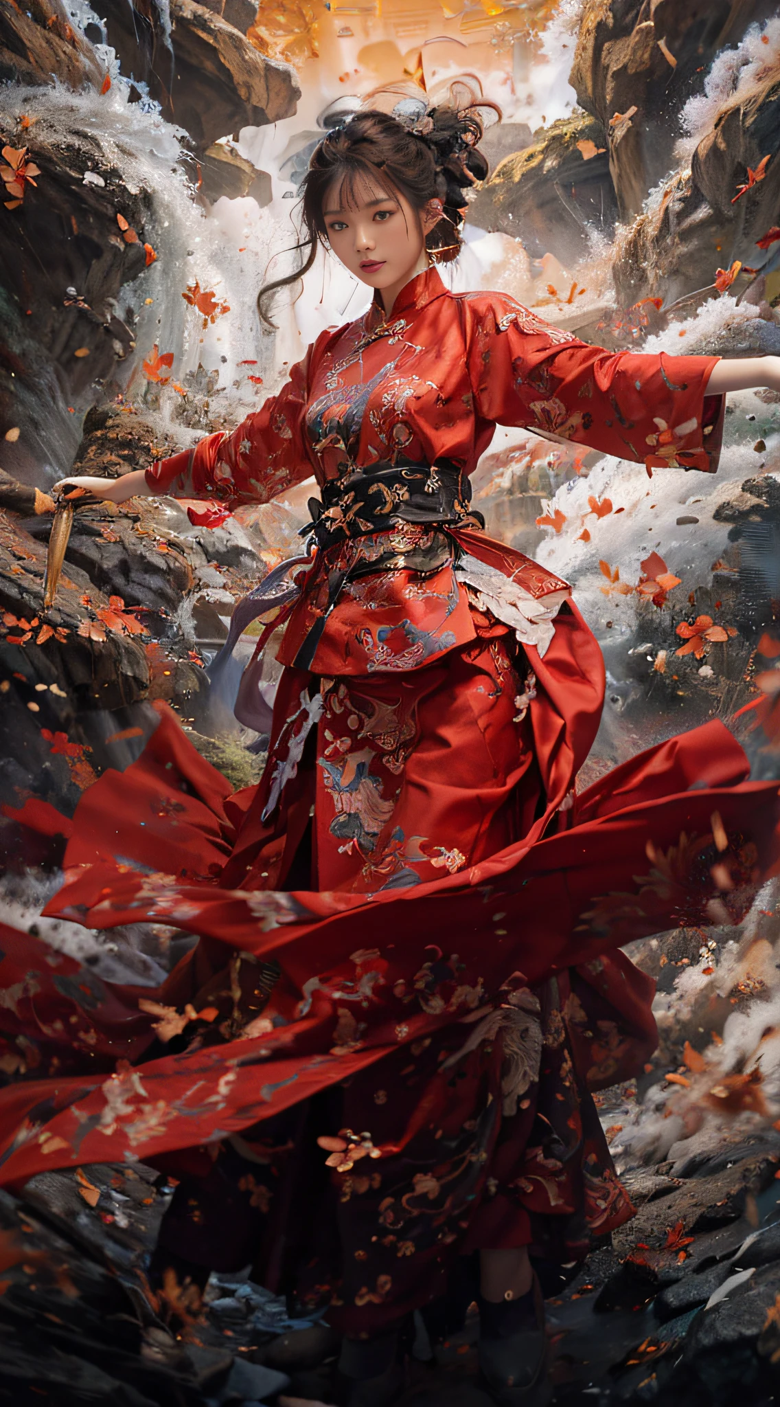 1 beautiful girl, HD movie poster, best quality, masterpiece, super high resolution, (realistic: 1.4), anime poster, 1 hand holding a big long knife, two hands, wearing kung fu master cloth, waves, traditional Chinese ink style, girl dragon slayer, the main colors are red, white and black ink, dynamic movement, dynamic pose, movement, whole body::1 amazing vector in oil painting environmental art film, diorama, intricate details, solo, dress, floating_hair