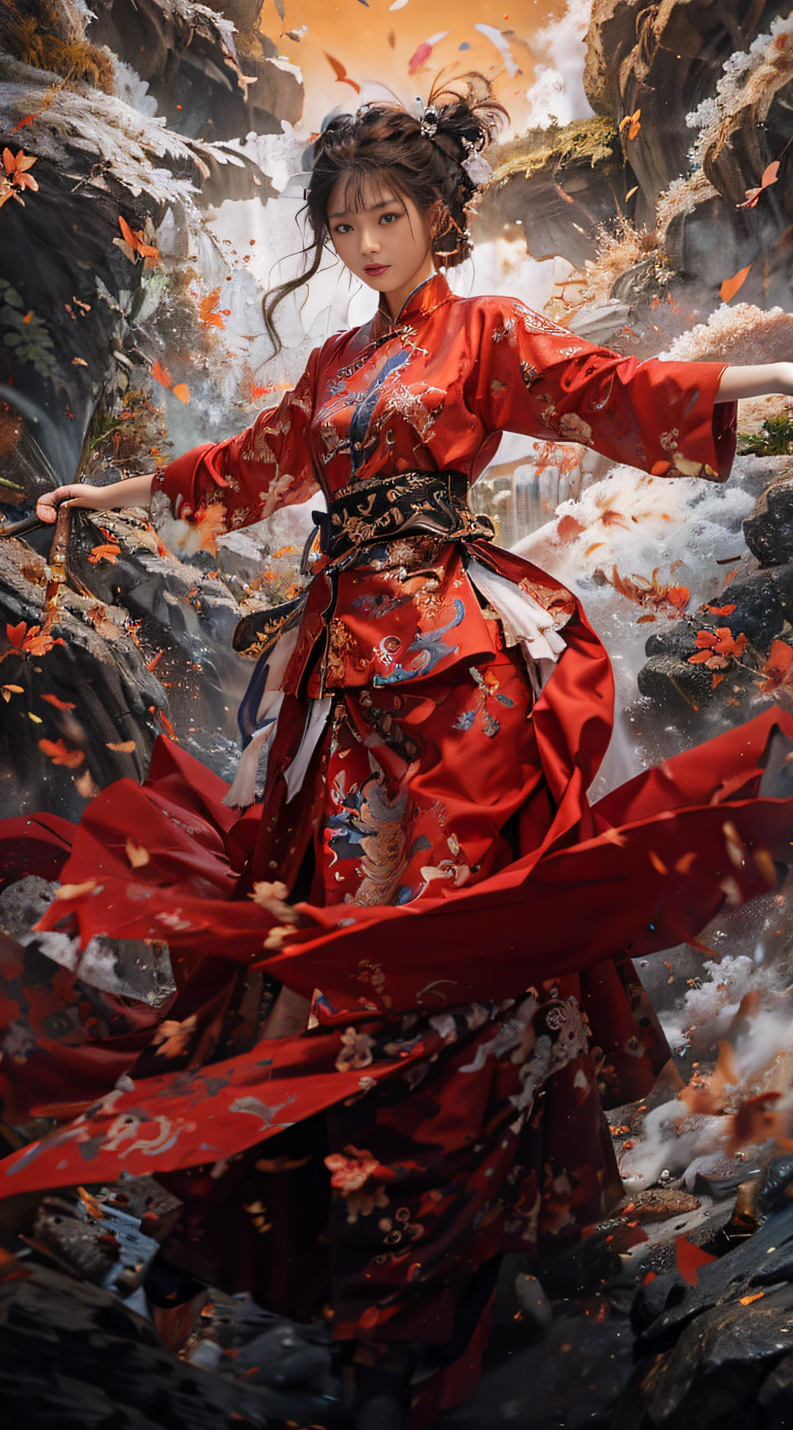 1 beautiful girl, HD movie poster, best quality, masterpiece, super high resolution, (realistic: 1.4), anime poster, 1 hand holding a big long knife, two hands, wearing kung fu master cloth, waves, traditional Chinese ink style, girl dragon slayer, the main colors are red, white and black ink, dynamic movement, dynamic pose, movement, whole body::1 amazing vector in oil painting environmental art film, diorama, intricate details, solo, dress, floating_hair