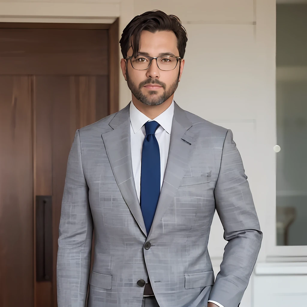 Realistic,  (masterpiece, best_quality:1.1), a man wearing glasses  standing in front of a glass door with a cross on it, zegna, Drop+7, Double vents, Notch lapels, Flap pockets, 2-button closure, Fully lined, Deconstructed, 100%+Wool, Grey, suits, young, wearing a undercloth and tie, oxford knot