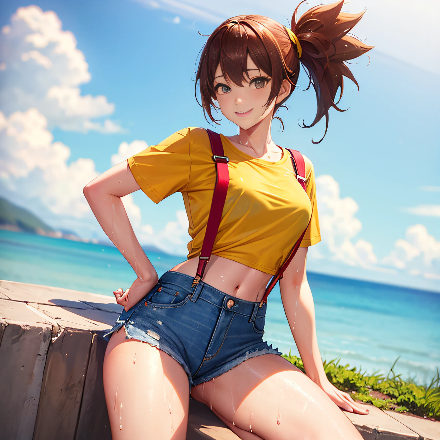 csr style,((masterpiece)),((best quality)),((high definition)),misty pokemon,red suspenders,blue, denim shorts,side ponytail,wet,in water,wet t shirt,smile,ginger hair,yellow shirt,(red suspenders),pastel color