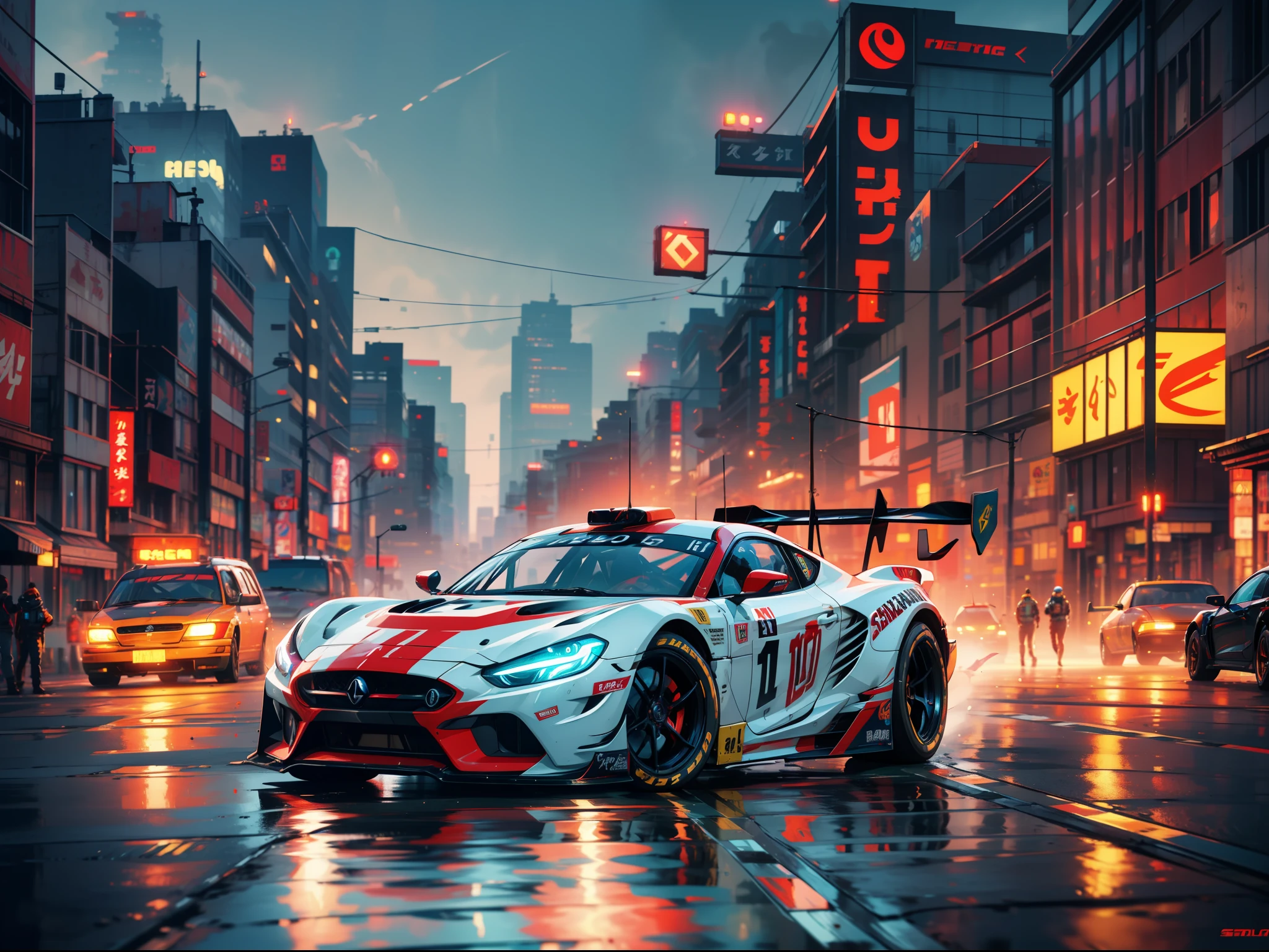 Best quality, masterpiece, ultra high res, Capture the adrenaline-fueled excitement of a sleek, high-performance racing car dripping, red, blue, fires, neon light, dust, full car show, from side, cyberpunk racing car, tokyo cyberpunk night,Detailed,Realistic,4k highly detailed digital art,octane render, bioluminescent, BREAK 8K resolution concept art, realism,by Mappa studios,masterpiece,best quality,official art,illustration,ligne claire,(cool_color),perfect composition,absurdres, fantasy,focused,rule of thirds,