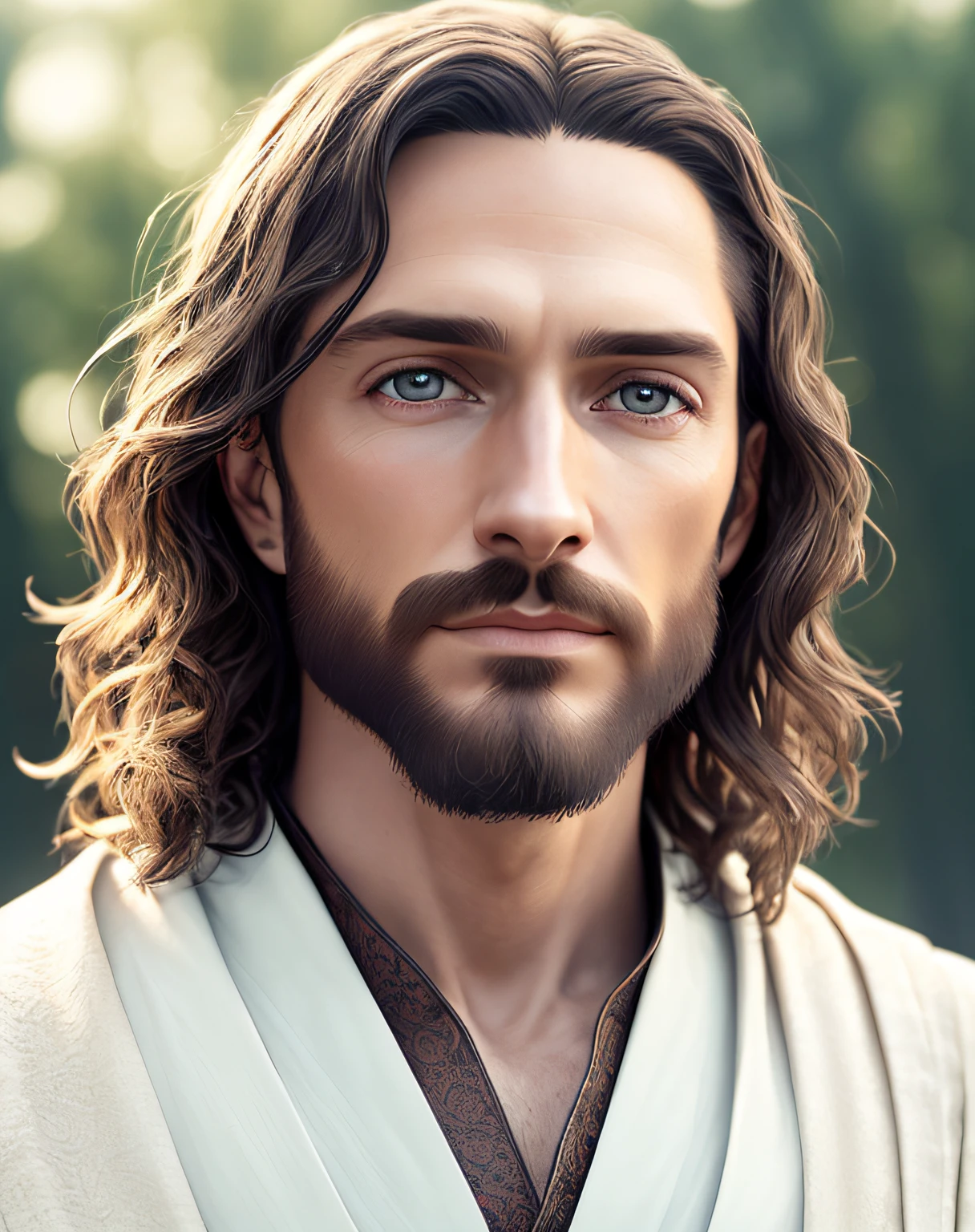 (symmetry),centered,a ((close)) up portrait,(Jesus),a very thin white man with long hair and a beard,wearing a long white robe,35mm,natural skin,clothes  detail, 8k texture, 8k, insane details, intricate details, hyperdetailedhighly detailed,realistic,soft cinematic light,HDR,sharp focus, ((((cinematic look)))),intricate, elegant, highly detailed