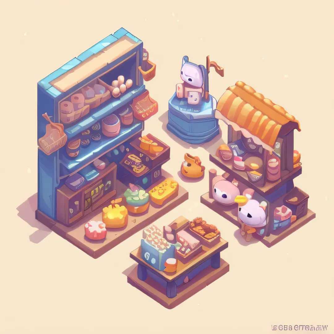 Store, shelves full of food, isometric 2D game art, cute bakery, isometric game art, isometric art, isometric illustration fun, ...