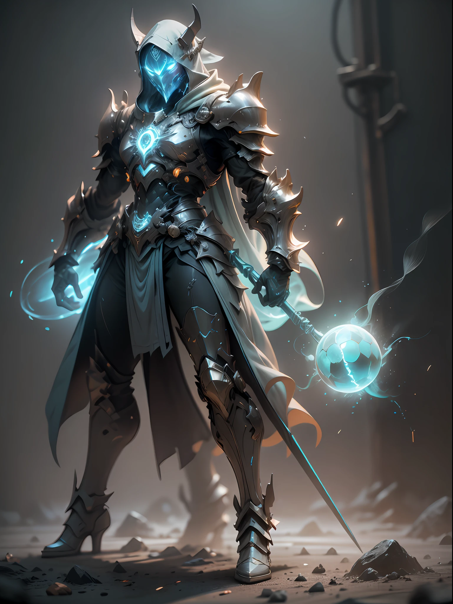 Ghost armor holding huge ice wand, mage, full body ice blue armor, super cool ghost mage, wearing ice blue cloak, huge staff, magic ball, magic casting pose, tall figure, glowing eyes, tall figure, perfect body proportions, super detail, IP by pop mart, edge light, avatar, octane rendering, blender, full body, clean black background, 3d, c4d, best quality, very detailed, ancient technology, HDR (high dynamic range), Ray Tracing, NVIDIA RTX, Super Resolution, Unreal 5, Subsurface Scattering, PBR Textures, Post-Processing, Anisotropic Filtering, Depth of Field, Maximum Sharpness and Acutance, Multi-layer Textures, Albedo and Highlight Maps, Surface Shading, Accurate Simulation of Light-Material Interactions, Perfect Proportions, Octane Rendering, Two-tone Lighting, Low ISO, White Balance, Rule of Thirds, Wide Aperture, 8K RAW, High Efficiency Sub-Pixel, Subpixel Convolution, Luminous Particles, Light Scattering, Tyndall Effect