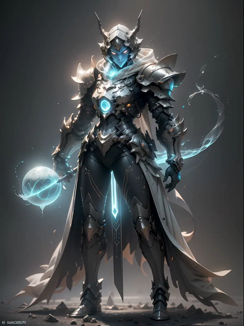 ghost armor holding huge ice wand, mage, full body ice blue armor, super cool ghost mage, wearing ice blue cloak, huge staff, ma...