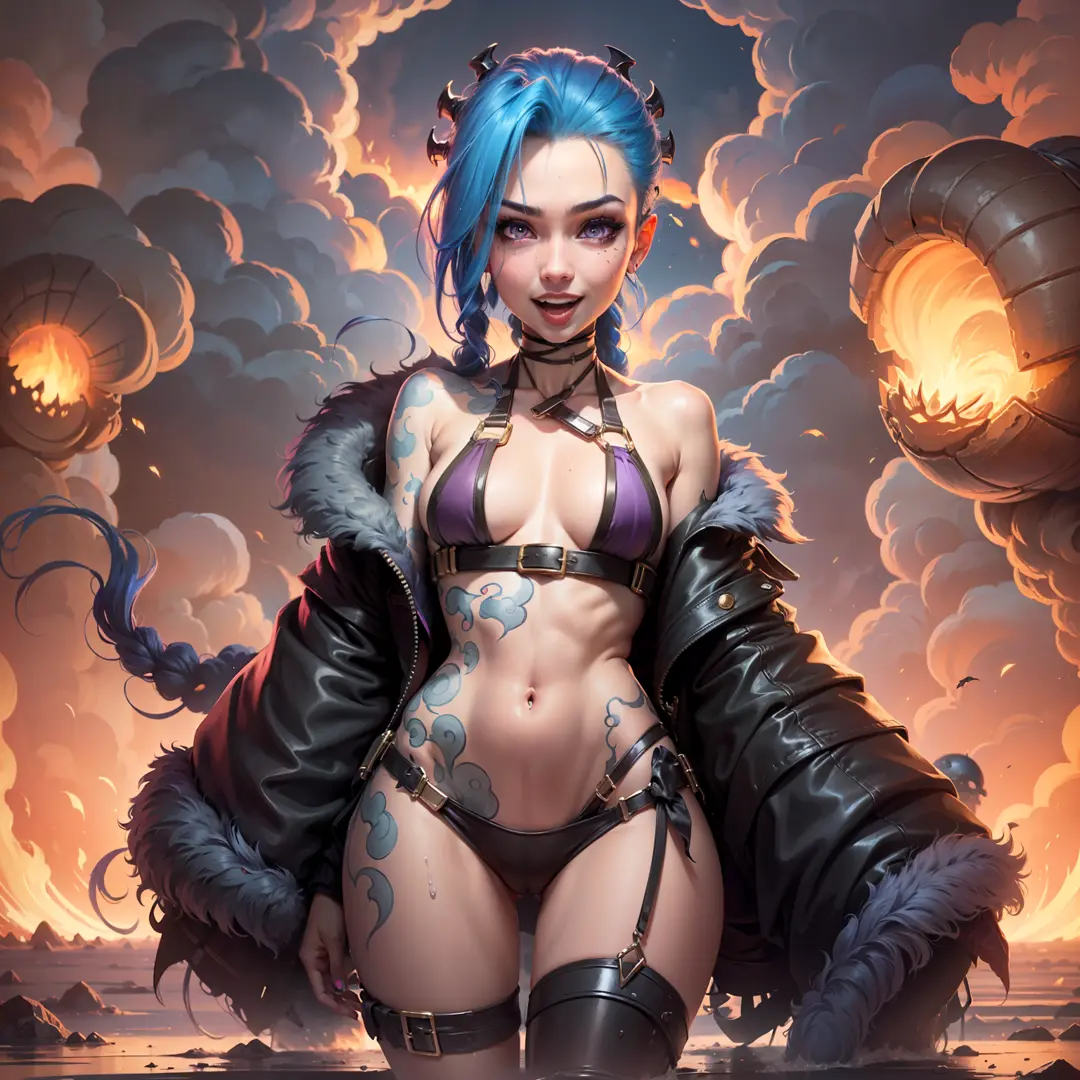 Jinx, lol, happy, in black bikini, looking at the viewer, moist body, big explosion in the background, sensuality in the body, small chest, tight bikini, purple iris, provocative, showing the tongue, breast beak marking