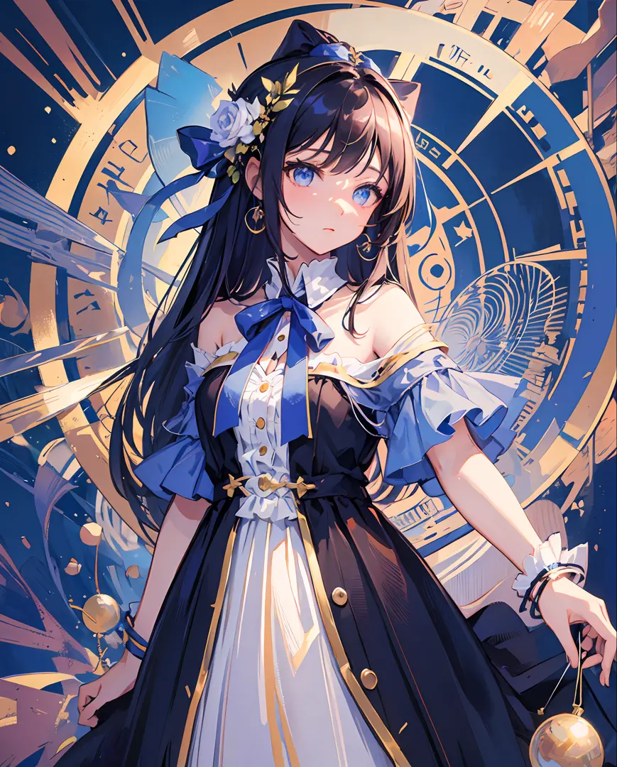 masterpiece, best quality, one girl, long hair, blue long dress, blue ribbon,abstract background,magic circle