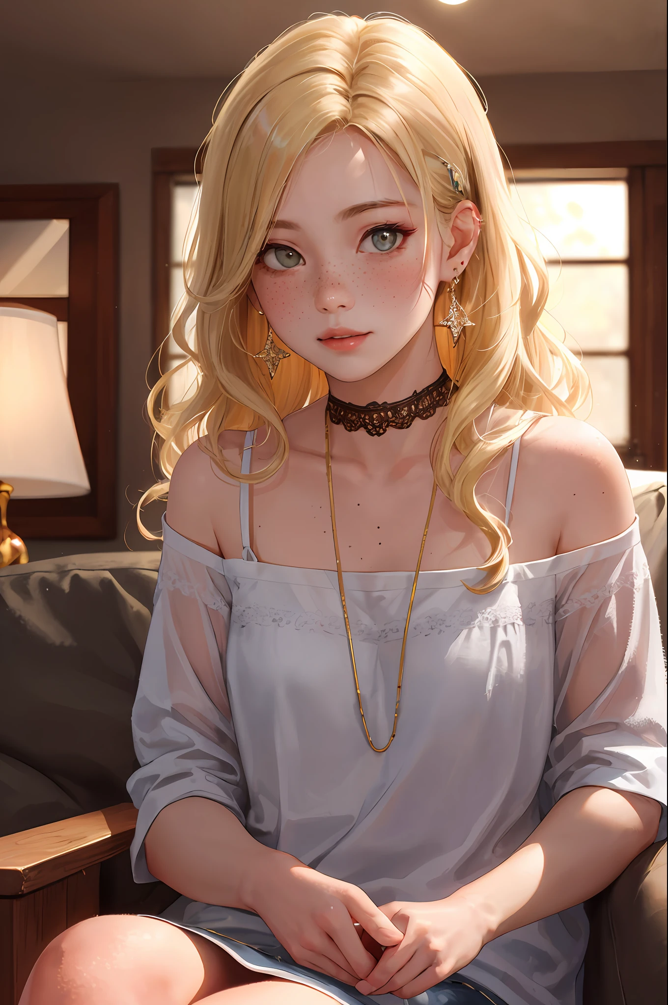 realistic, best quality, 8k uhd, dslr, soft lighting, high quality, film grain, Fujifilm XT3, intricate detail, depth of field, 20 years old girl, sitting, (lens flare, backlight:1.2), (blonde, long wavy hair), earrings, hair ornament, off shoulder, freckles, blush, choker, looking at viewer, flash,