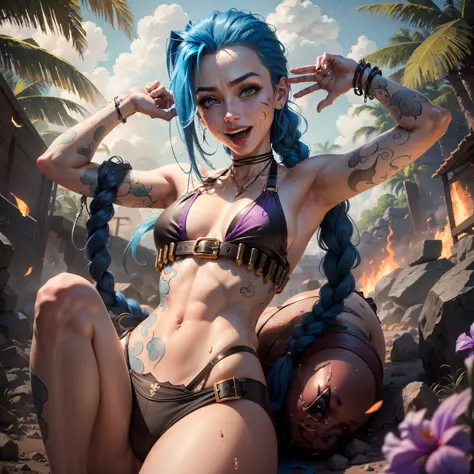 Jinx, lol, happy, in black bikini, looking at the spectator, moist body, big explosion in the background, sensuality in the body, small chest, tight bikini, purple iris, provocative, showing the tongue, breast beak marking, perfect hand with 5 fingers, pri...