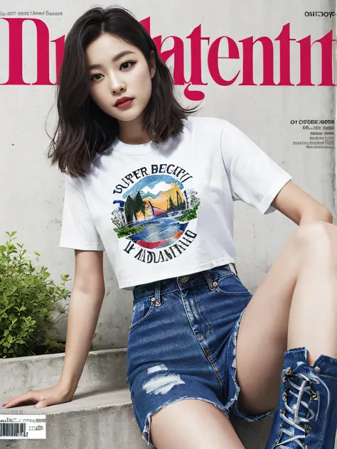 Young beautiful girl, super detailed, official art, Unity 8k wallpaper, (fashion magazine cover: 1.3),
Ragged denim mini skirt, graphic T-shirt, combat boots