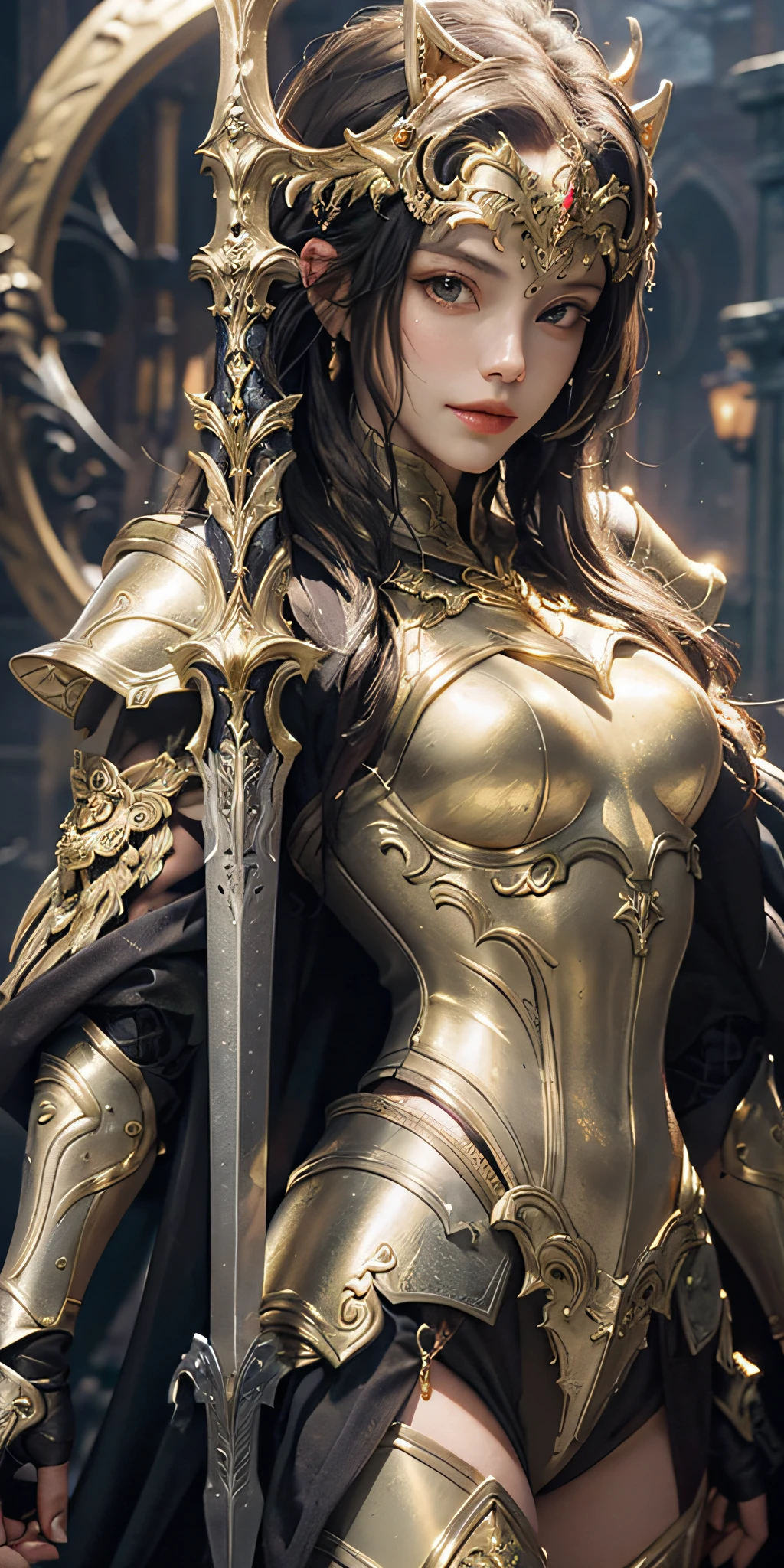 A girl in armor holds a golden sword, a close-up of golden heavy armor. Dramatic, stunning armor, face close-up, golden armor, detailed fantasy armor, black and gold armor, long white hair, delicate face, gorgeous jewelry, slender legs, smile, beautiful armor, golden armor, fantasy armor, intricate golden armor, golden armor, fantasy warrior in full armor, smooth golden armor, very stylish fantasy armor, black gold armor, light gold armor