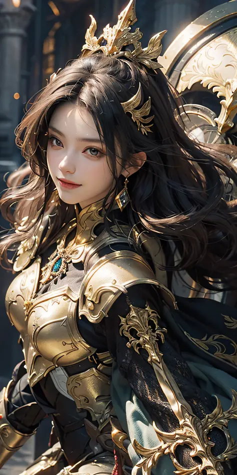 A girl in armor holds a golden sword, a close-up of golden heavy armor. Dramatic, stunning armor, face close-up, golden armor, d...