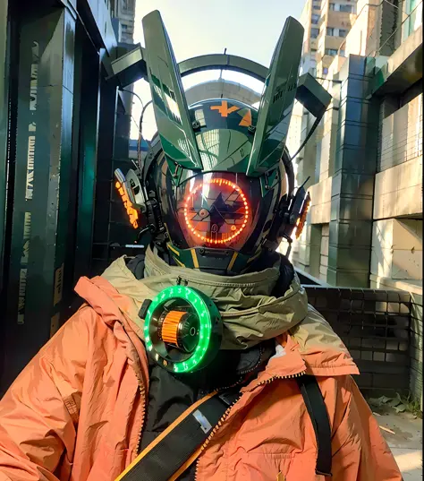 original, masterpiece, best quality, a cyborg woman in a green circle light up cyberhelmet with orange ears, wearing orange jack...