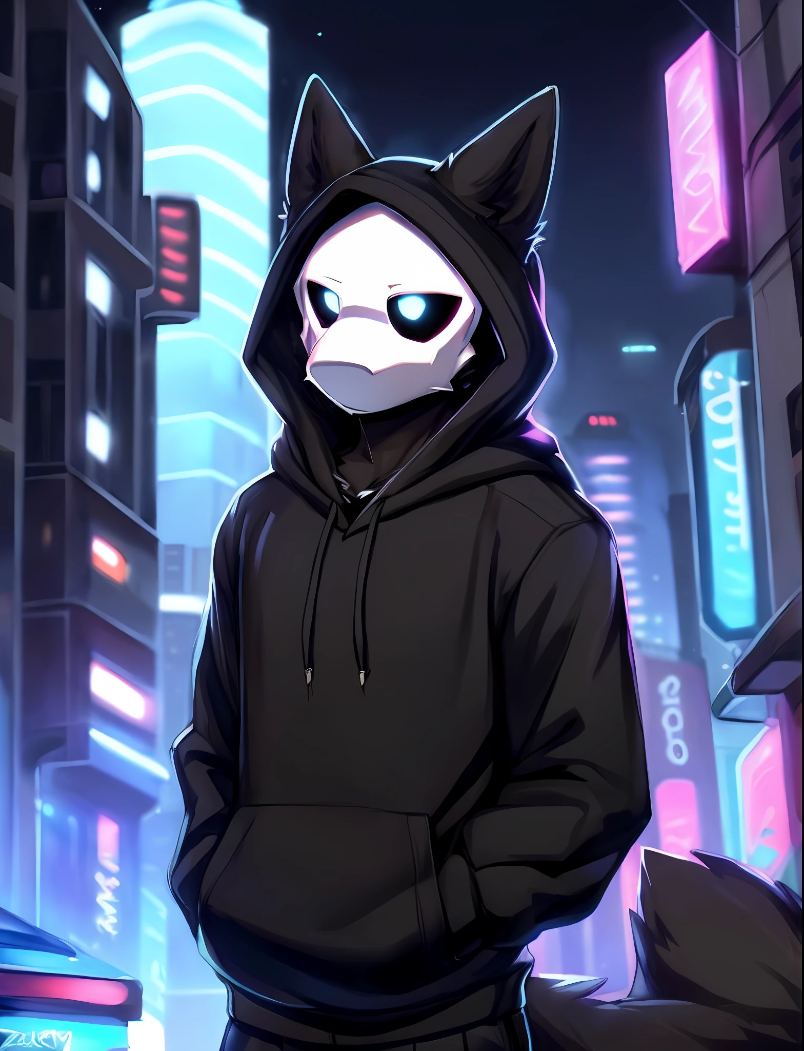 by zackary911, (coffeesoda:1.1), hioshiru, zackary911, puro, anthro, male, solo, clothing, fur, 2022, black clothing, hoodie, black topwear, lidded eyes, black hoodie, cyberpunk city background,