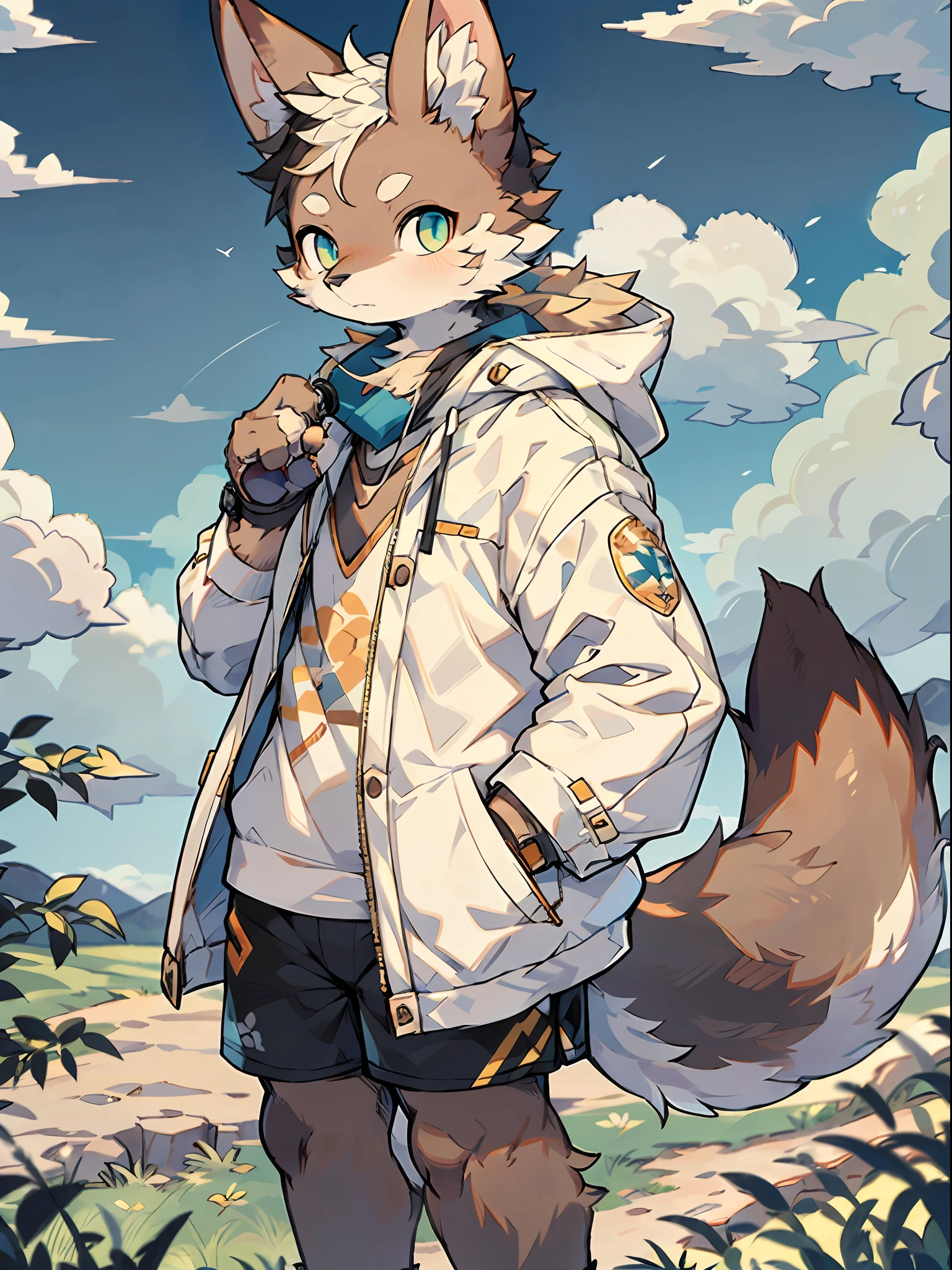 Masterpiece, furry, male fox, furry, yellow-brown fur, cyan eyes, brown patterns on the ears, big fluffy tail, white coat, black shorts, standing on a cliff with a telescope, explorer, outdoor attire, prairie, blue sky and white clouds, sunny day