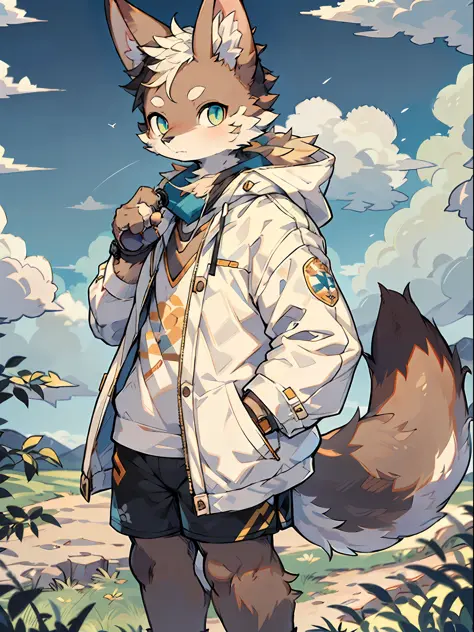 Masterpiece, furry, male fox, furry, yellow-brown fur, cyan eyes, brown patterns on the ears, big fluffy tail, white coat, black...