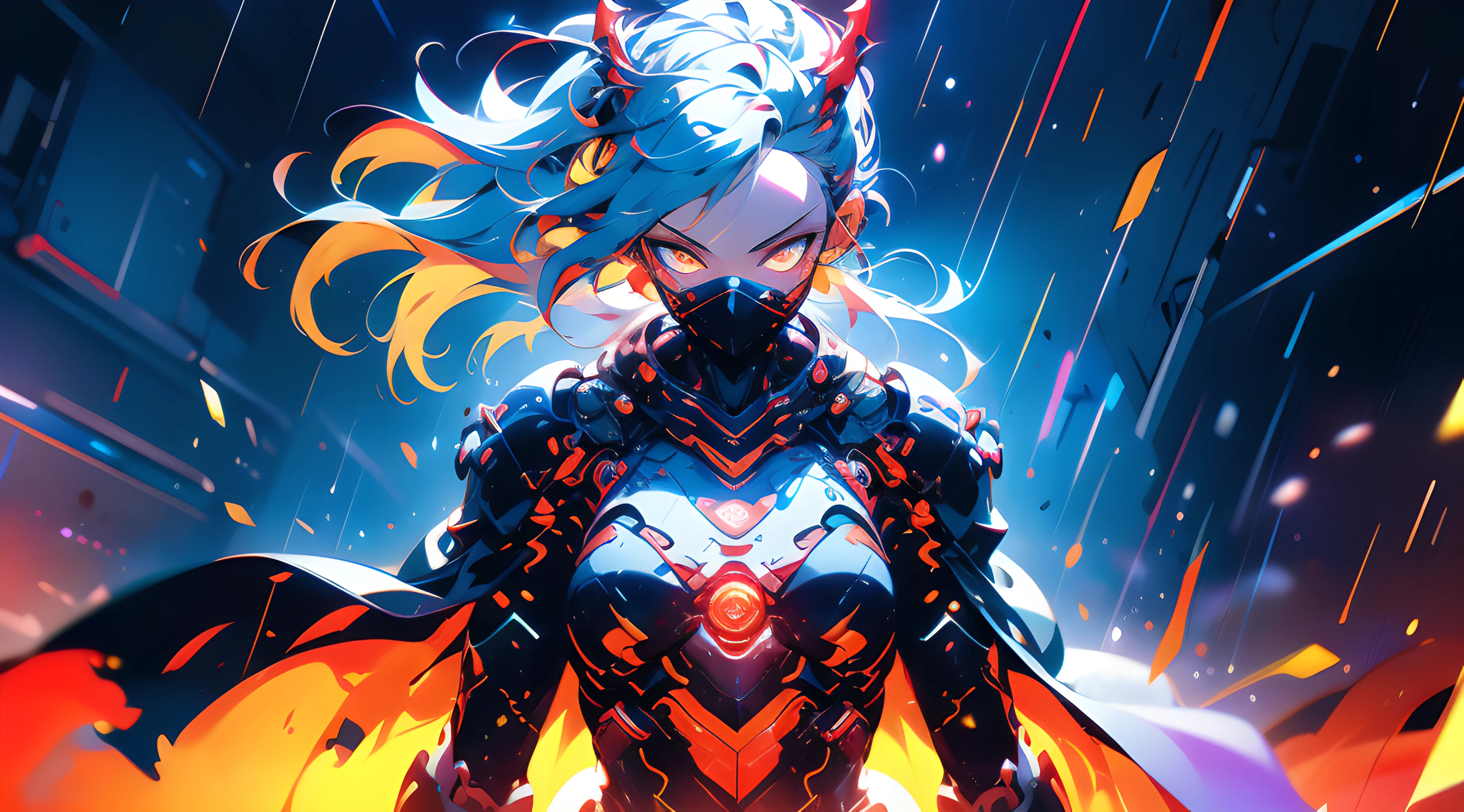 A young girl, long silver-white hair with a ponytail and waist, wearing a V-shaped mask with red bright light on the eyes, wearing a black and red sexy ninja suit, red torn cloak swaying in the wind, a wide and thick sword dyed with red light effect dyed yellow glow, night, rain, fighting stance, lifelike, best image quality, highest definition and clarity, original, surrealism, high detail, futurism, action painting, chiaroscuro, ray tracing, motion blur, cowboy lens,,combat action drawing,layering,holographic display, Cyberpunk style, colorful