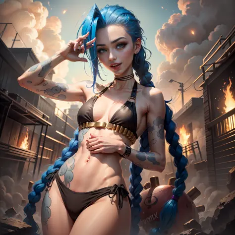 Jinx, lol, happy, in black bikini, looking at the spectator, moist body, big explosion in the background, sensuality in the body, small chest, tight bikini, purple iris, provocative, showing the tongue, breast beak marking, perfect hand with 5 fingers, pri...