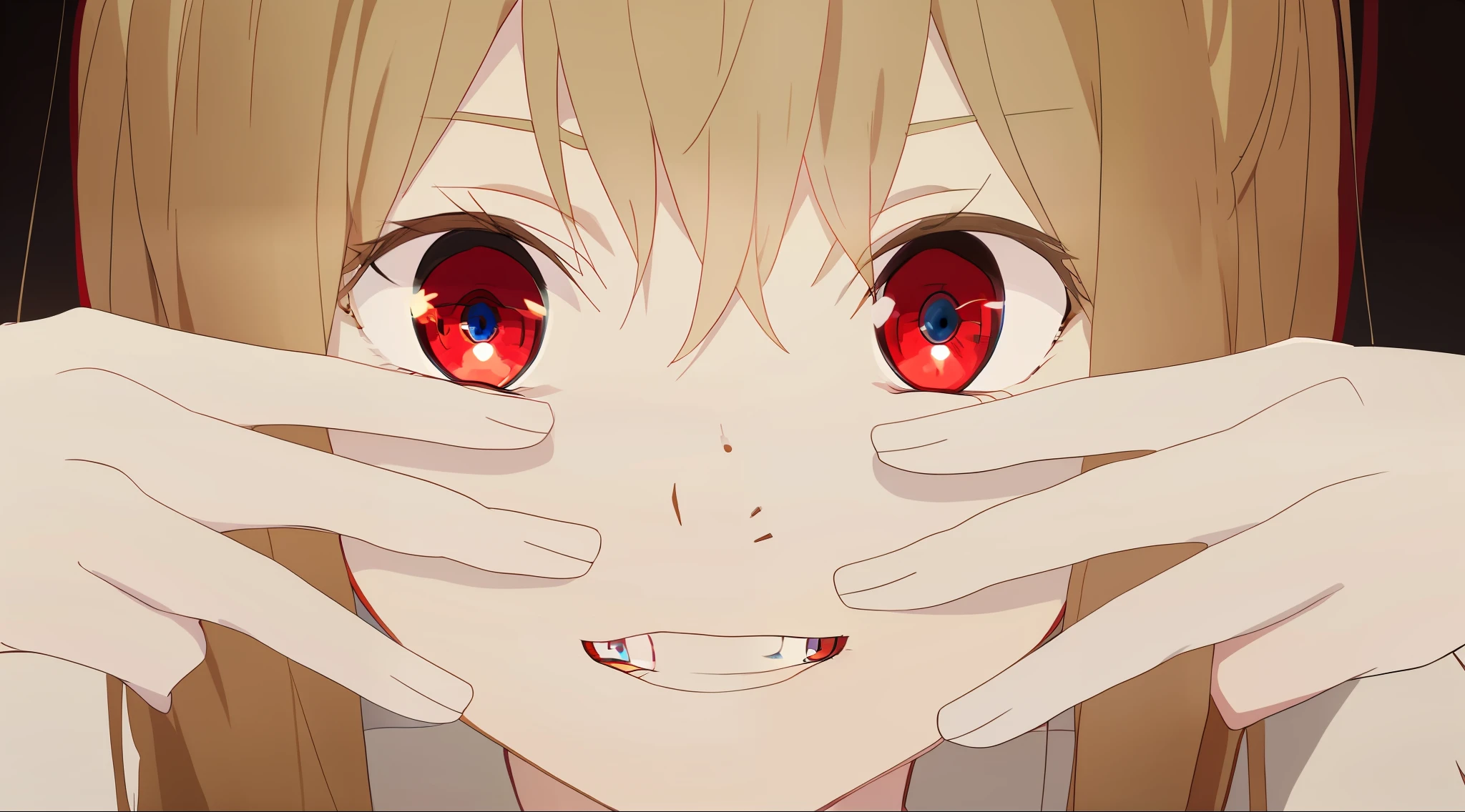 anime girl with red eyes covering her face with hands, luminous red eyes, fully red eyes no pupils, with glowing red eyes, fully red eyes, red eyes glowing, with red glowing eyes, huge anime eyes, his eyes glowing red, glowing red eyes, bright red eyes, large red eyes!!!, his eyes are red and glowing, red-eyes