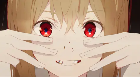 anime girl with red eyes covering her face with hands, luminous red eyes, fully red eyes no pupils, with glowing red eyes, fully red eyes, red eyes glowing, with red glowing eyes, huge anime eyes, his eyes glowing red, glowing red eyes, bright red eyes, la...