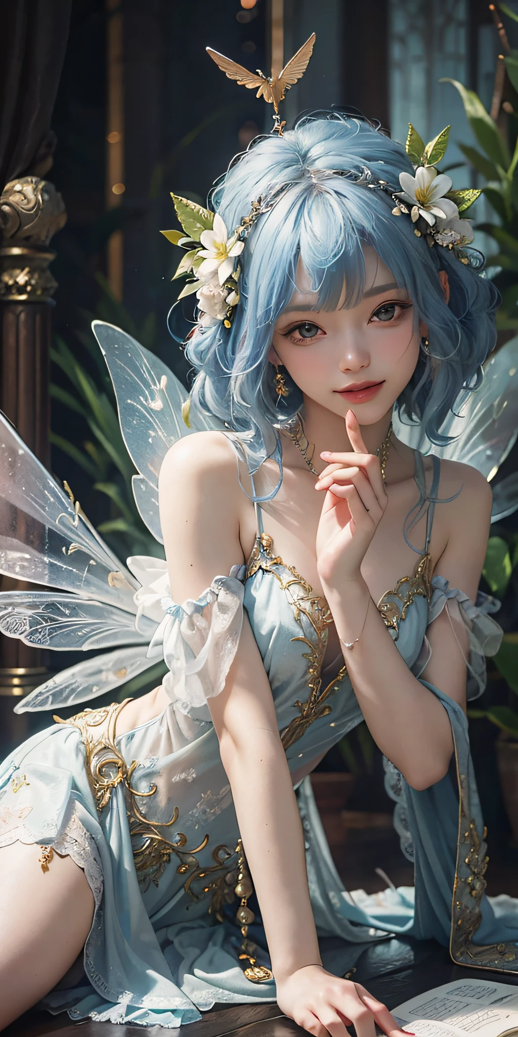 There is a woman with fairy wings sitting on the bed, fairy tale aesthetics, beautiful adult fairy, beautiful fairy, portrait of a fairy, beautiful fairy, light blue hair, fairy core, ethereal fairy tale, beautiful fairy, portrait of a fairy, fairy, ethereal wings, fairy, beautiful adult book fairy, ethereal fantasy, smiling like fairy queen, fairy queen, ((masterpiece)), 16K, UHD