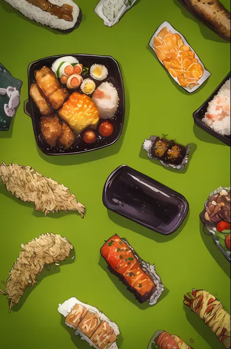 ((best quality)), ((masterpiece)), (detailed), ultra detailed,
no_humans, food_focus, food, rice, shrimp, yellow_background, fish, bento, still_life, tempura, omelet, sushi, vegetable, meat