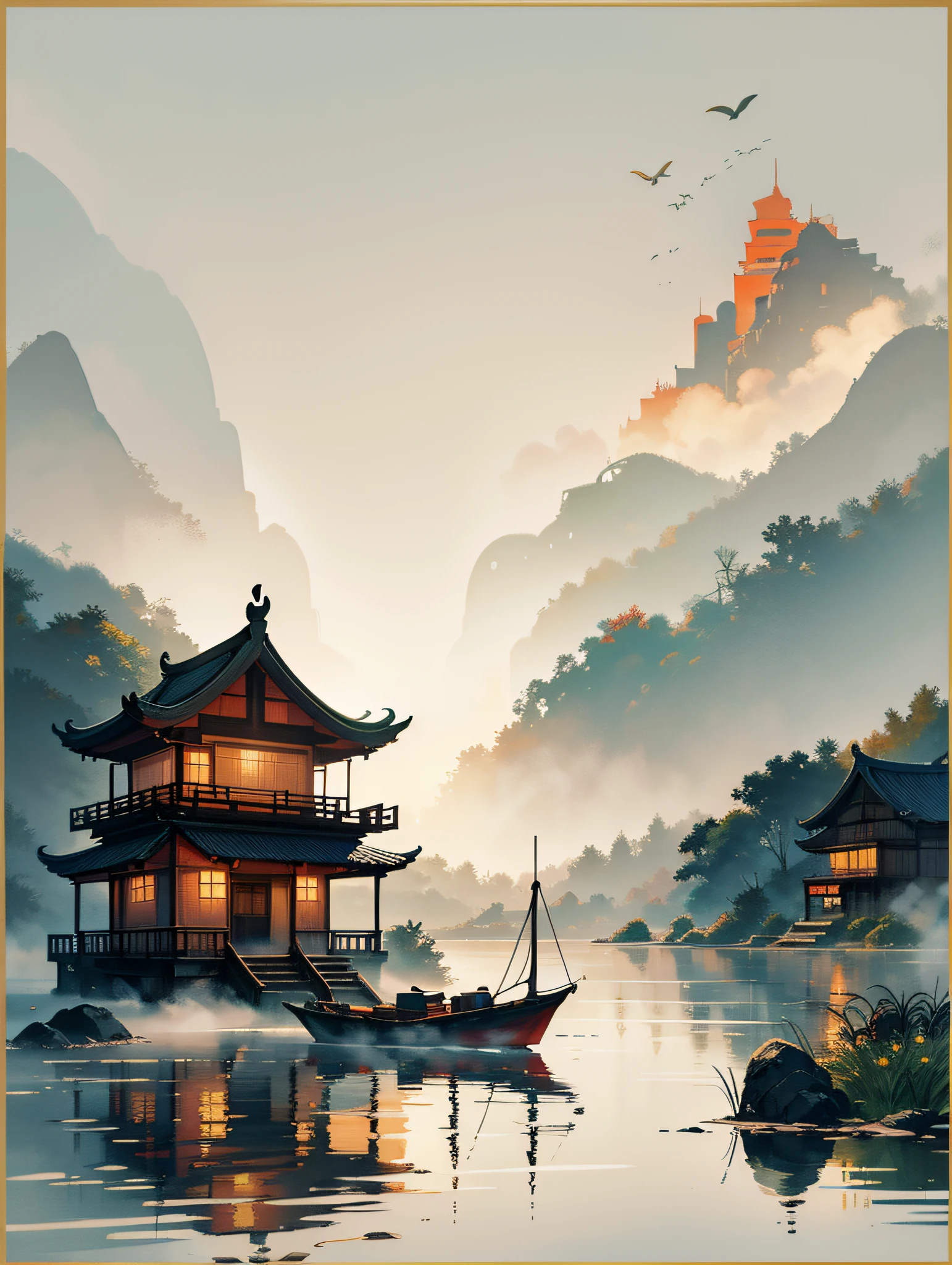 Chinese martial arts style ink painting, palace floating in the air, mountains and cliffs, contour light outlines the atmosphere, the depth of field reveals rising mist, surrounded by bamboo, pine and stone pavilions, and waterfalls rushing, the whole presents the style of ink painting. --auto