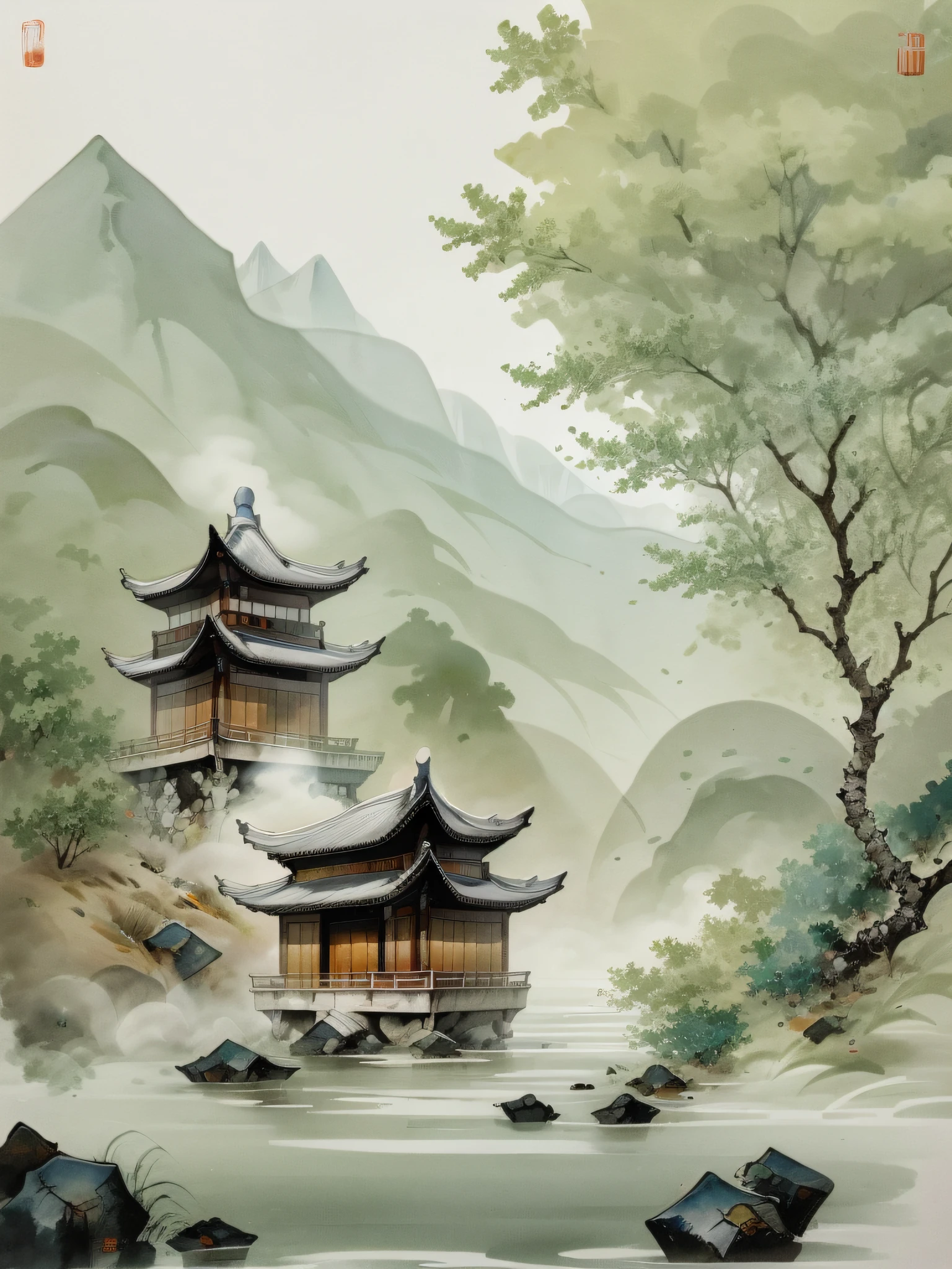 Chinese martial arts style ink painting, palace floating in the air, mountains and cliffs, contour light outlines the atmosphere, the depth of field reveals rising mist, surrounded by bamboo, pine and stone pavilions, and waterfalls rushing, the whole presents the style of ink painting. --auto