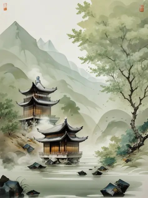 chinese martial arts style ink painting, palace floating in the air, mountains and cliffs, contour light outlines the atmosphere...