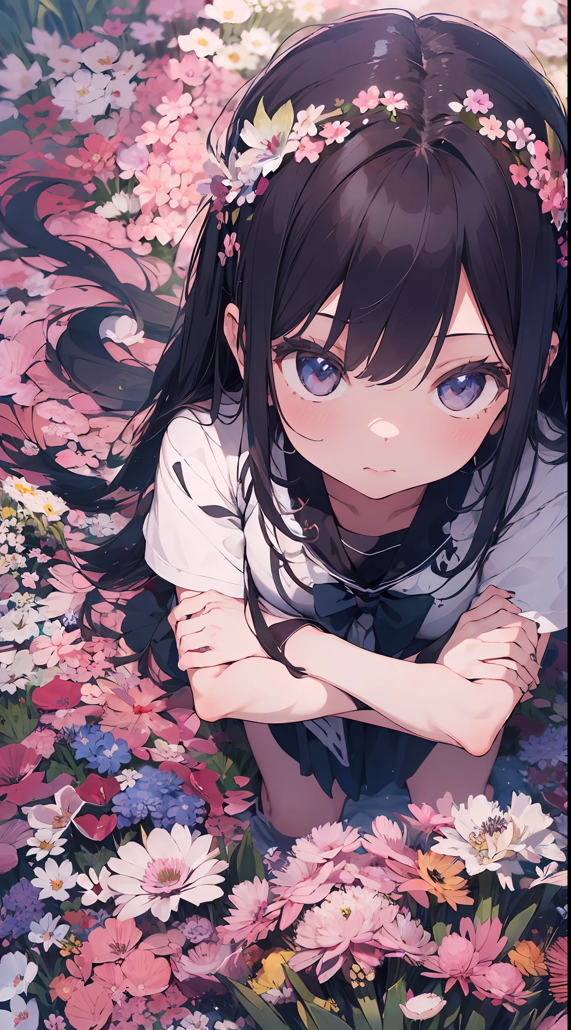 ((masterpiece,best quality)),(1girl, solo:1.4),negative space:1.3,from above,beautiful detailed eyes, vivid, cloudy sky, flower, anemone \(flower\), daffodil, hyacinth,falling petals,sanshoku dango, hanami, picnic, incoming kiss, incoming hug,