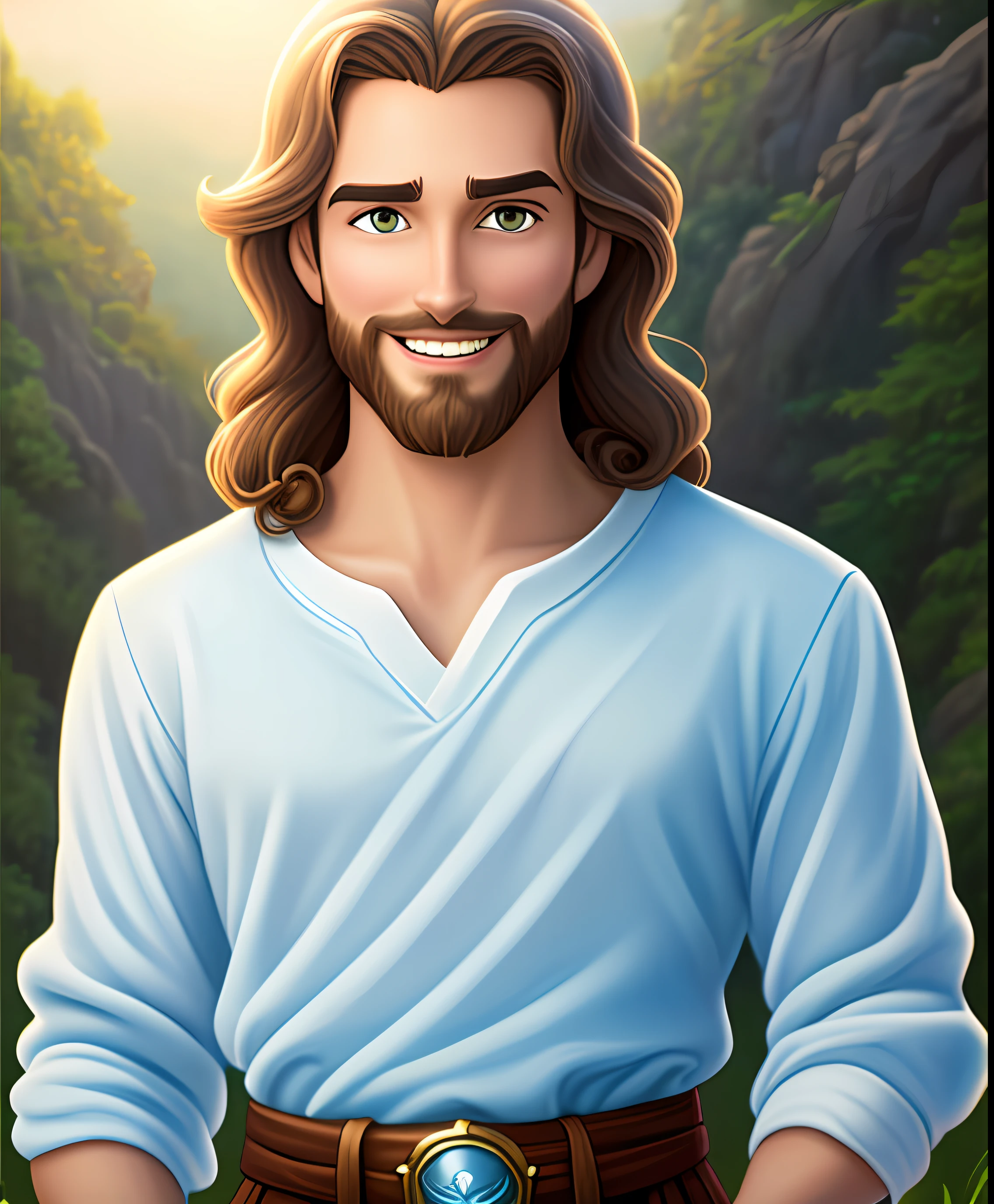 Qualidade de arte original, foto de corpo inteiro, Estilo de animação de personagens da Disney, jovem e bonito Jesus Deus, postura em pé, mãos naturalmente colocadas em ambos os lados, olhando para frente, expressão gentil e sorridente, olhos cheios de luz, fundo azul claro, Translúcido, com luz como tema, o foco da luz está nos personagens, a imagem geral é fresca e brilhante.