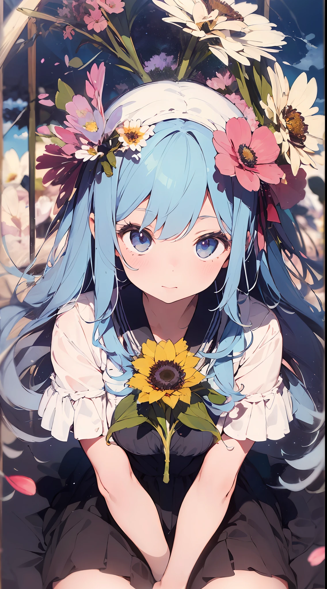 ((masterpiece,best quality)),(1girl, solo:1.4),negative space:1.3,from above,beautiful detailed eyes, vivid, cloudy sky, flower, anemone \(flower\), daffodil, hyacinth,falling petals,sanshoku dango, hanami, picnic, incoming kiss, incoming hug,