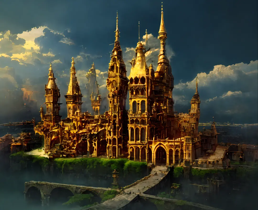 a close up of a castle with a clock tower on a hill, an immense floating castle, fantasy architecture, very far royal steampunk ...